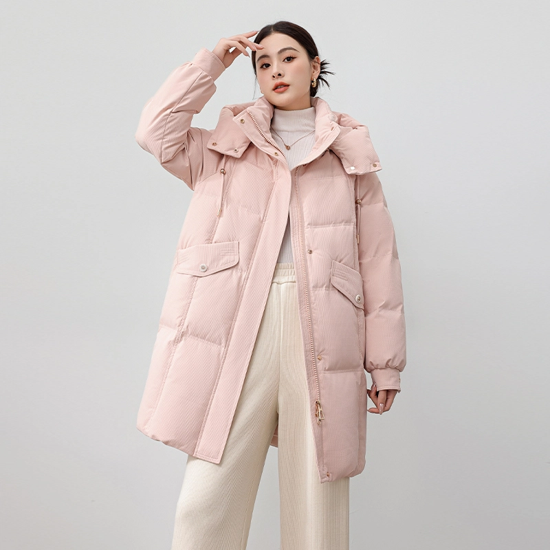 雅鹿 纯色时尚通勤中长款拆卸连帽加厚保暖羽绒服 女款