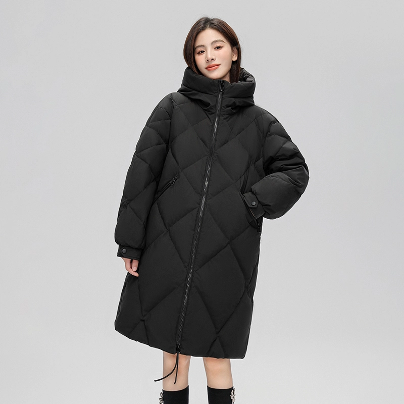 雅鹿 纯色连帽菱格绗缝拉链中长款保暖羽绒服 女款