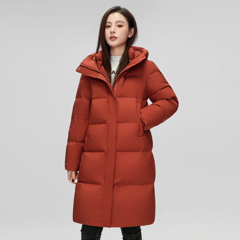 雅鹿 拉链纯色连帽中长款保暖羽绒服 女款