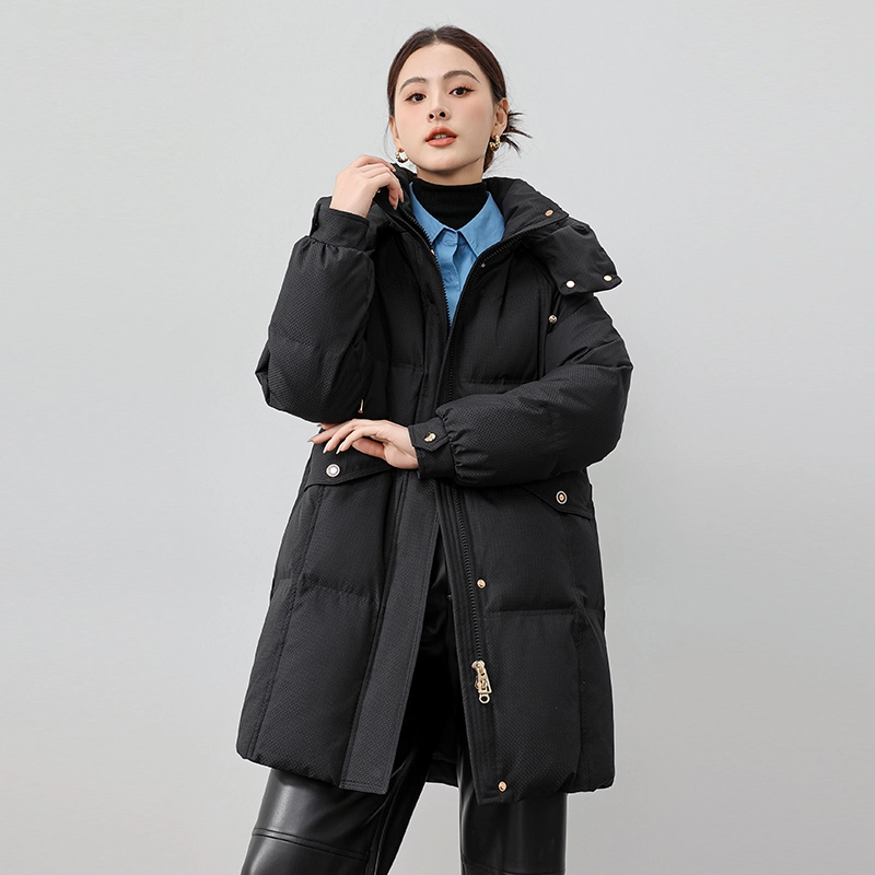 雅鹿 纯色时尚通勤中长款拆卸连帽加厚保暖羽绒服 女款