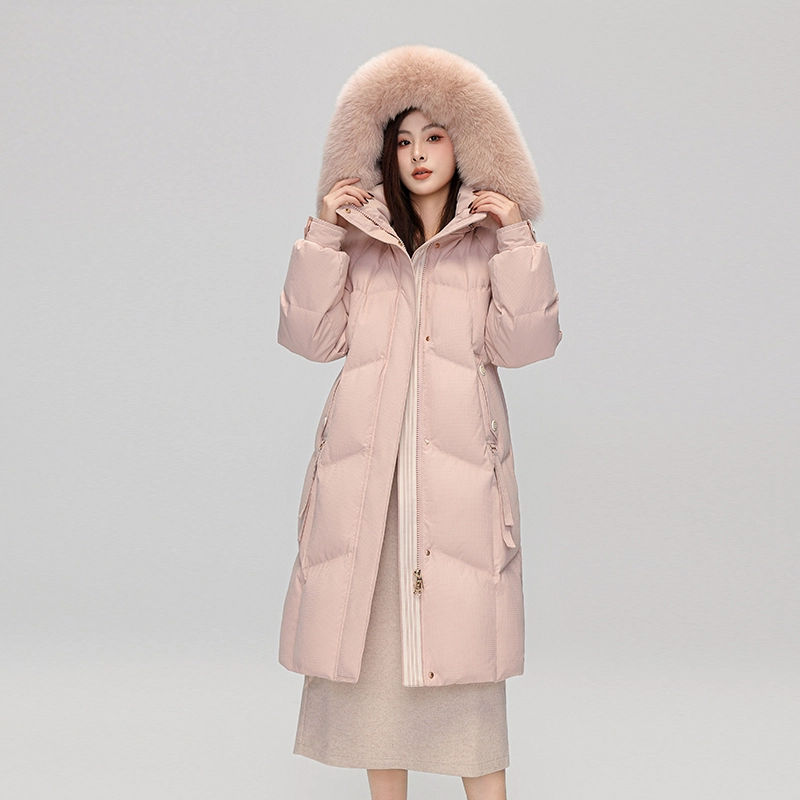 雅鹿 拉链狐狸毛领纯色可脱卸帽长袖羽绒服 女款