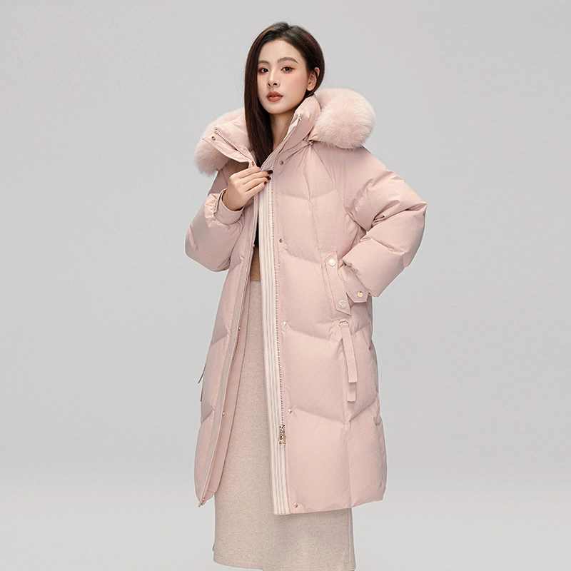 雅鹿 拉链狐狸毛领纯色可脱卸帽长袖羽绒服 女款