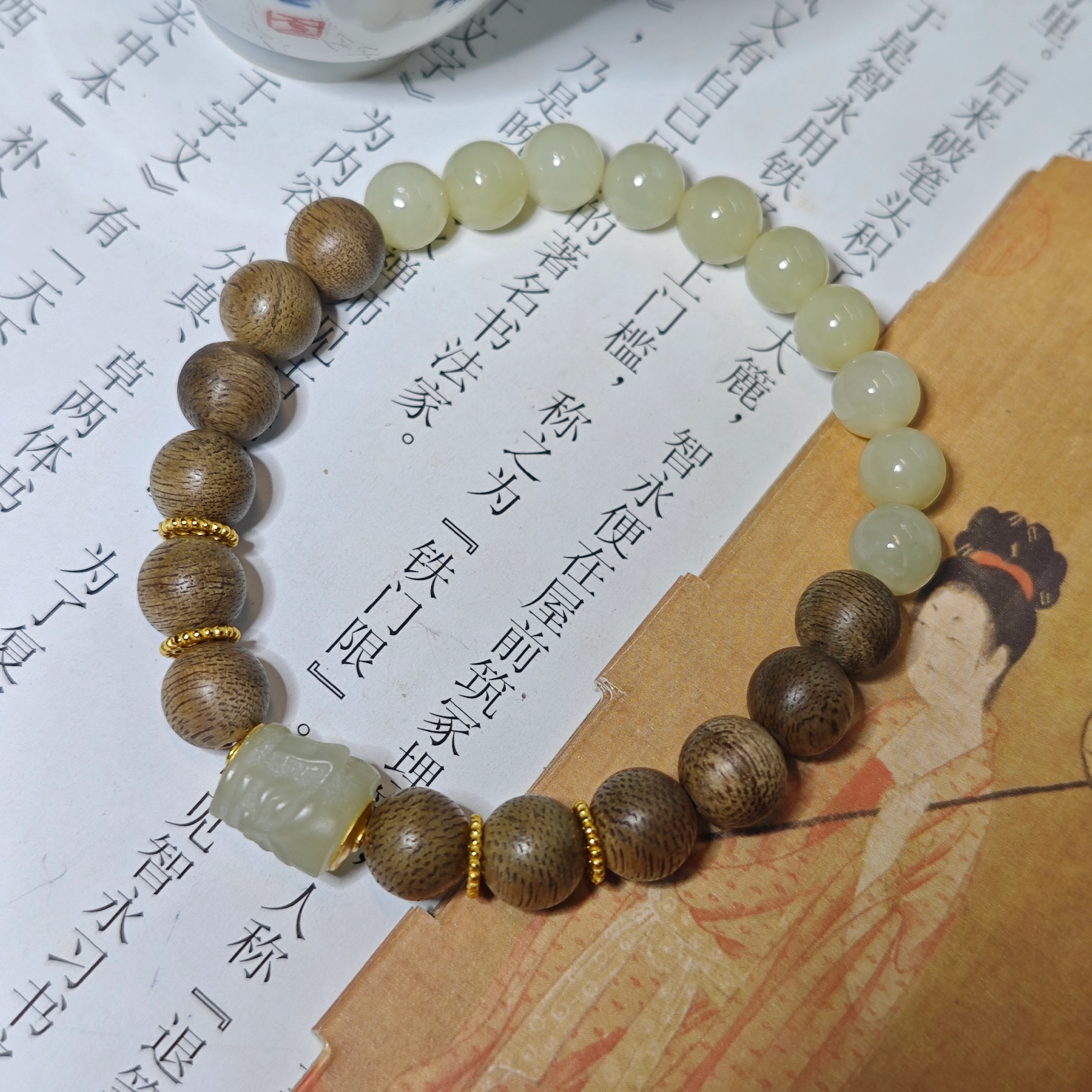 仙沐坊 简约搭配 神秘三星堆面具雕刻 和田玉手串 青白玉 男女同款情侣款