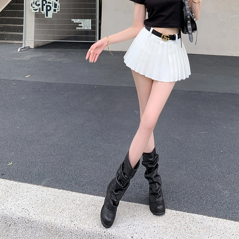 蓉城鞋王 牛皮 复古褶皱皮带扣 圆头内增高 短靴 女款