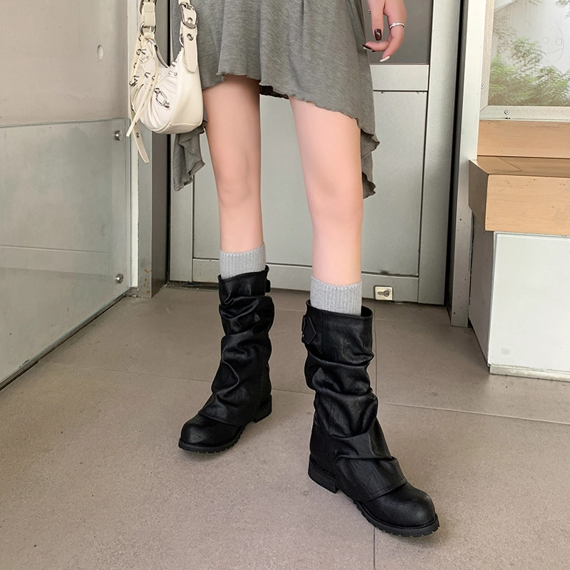 蓉城鞋王 牛皮 复古褶皱皮带扣 圆头内增高 短靴 女款