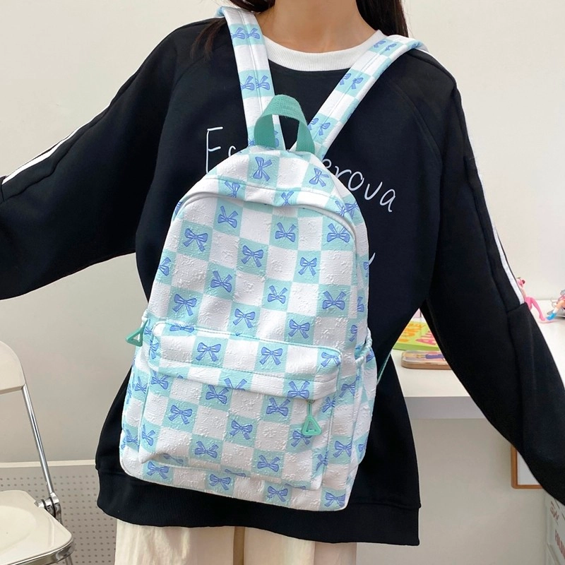 芭菲尼 小清新蝴蝶结印花初高中生大容量背包 尼龙 双肩包 常规 男女同款情侣款 黑色/紫色/绿色/蓝色