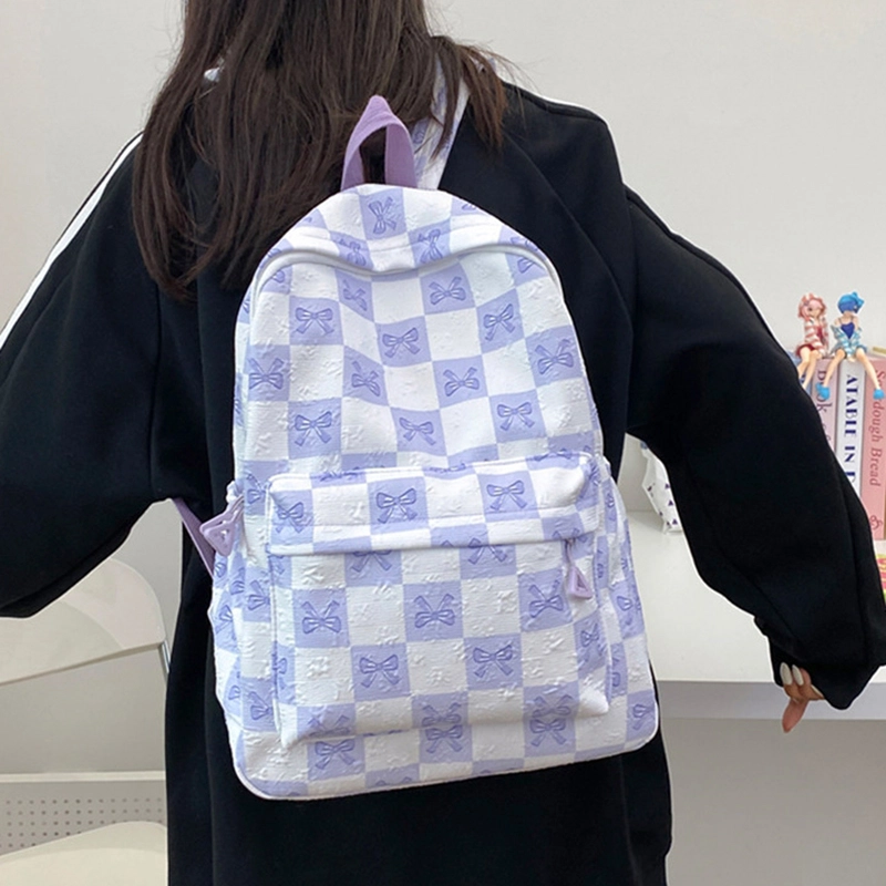 芭菲尼 小清新蝴蝶结印花初高中生大容量背包 尼龙 双肩包 常规 男女同款情侣款 黑色/紫色/绿色/蓝色