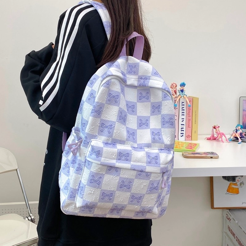 芭菲尼 小清新蝴蝶结印花初高中生大容量背包 尼龙 双肩包 常规 男女同款情侣款 黑色/紫色/绿色/蓝色