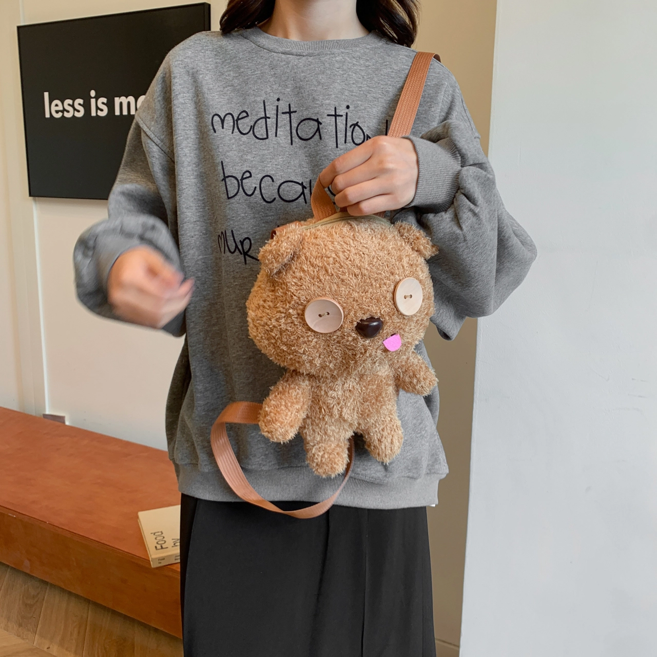 芭菲尼 个性时尚可爱卡通熊公仔百搭 毛绒 双肩包 大号 女款 卡其色