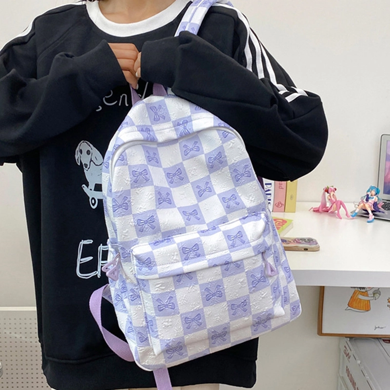 芭菲尼 小清新蝴蝶结印花初高中生大容量背包 尼龙 双肩包 常规 男女同款情侣款 黑色/紫色/绿色/蓝色