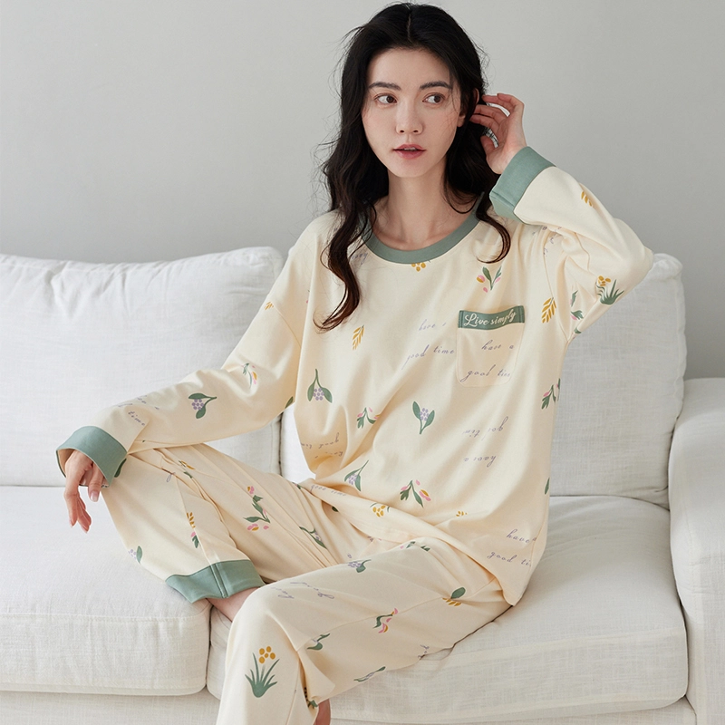 花季的故事 带胸垫女士纯棉睡衣春秋季长袖长裤家居服套装  女款  杏色