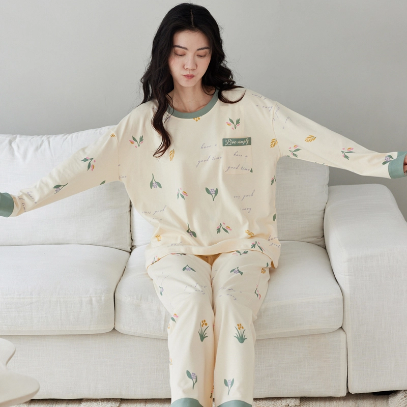 花季的故事 带胸垫女士纯棉睡衣春秋季长袖长裤家居服套装  女款  杏色