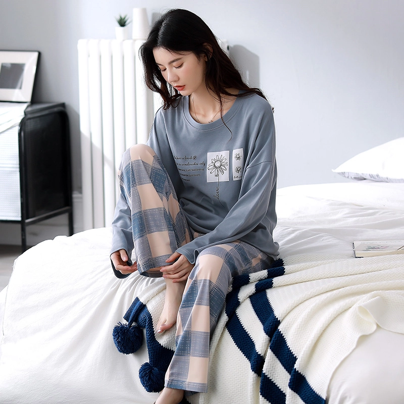 花季的故事 带胸垫女士纯棉睡衣春秋季长袖长裤家居服套装  女款  杏色