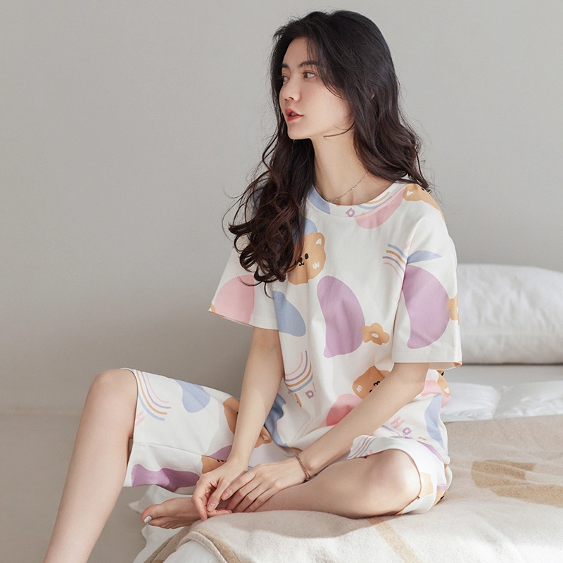 花季的故事 睡衣女夏季短袖纯棉七分裤学生印花可爱家居服套装  女款  白色