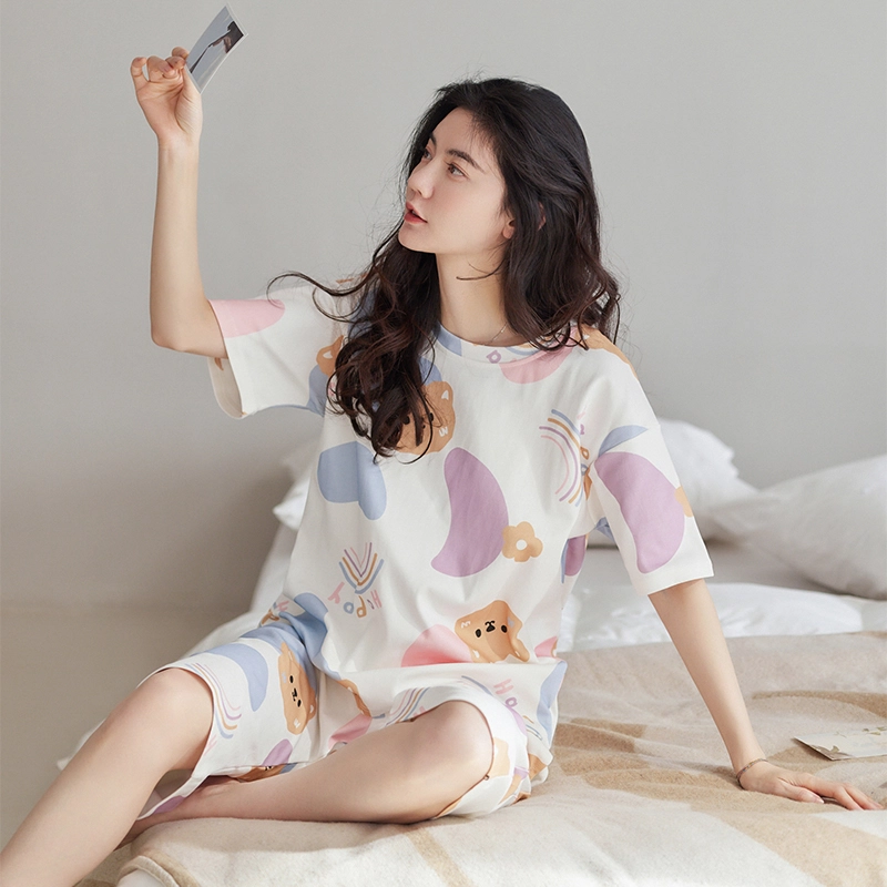 花季的故事 睡衣女夏季短袖纯棉七分裤学生印花可爱家居服套装  女款  白色