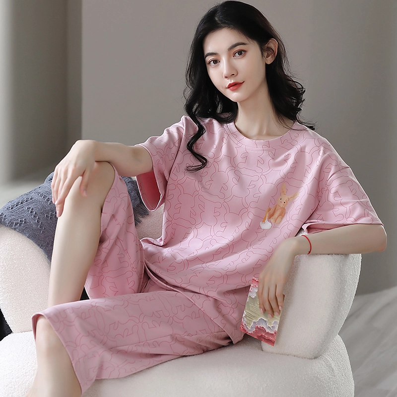 花季的故事 薄款时尚卡通兔满印韩版短袖七分裤可外穿家居服睡衣套装 女款 豆沙紫