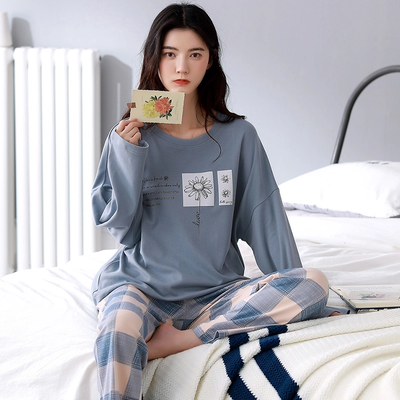 花季的故事 带胸垫女士纯棉睡衣春秋季长袖长裤家居服套装  女款  杏色