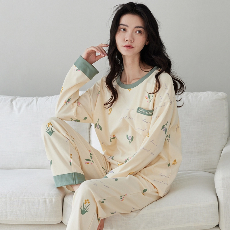花季的故事 带胸垫女士纯棉睡衣春秋季长袖长裤家居服套装  女款  杏色