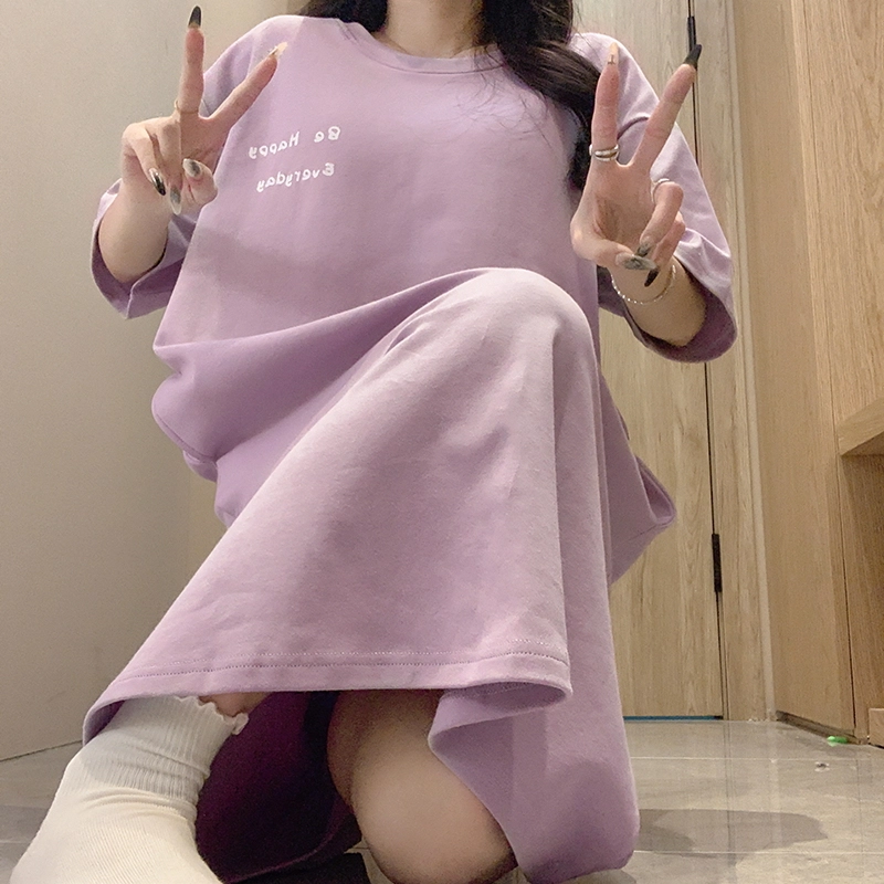 花季的故事 带胸垫韩版字母卡通印花中长款短袖睡裙 女款 浅紫色