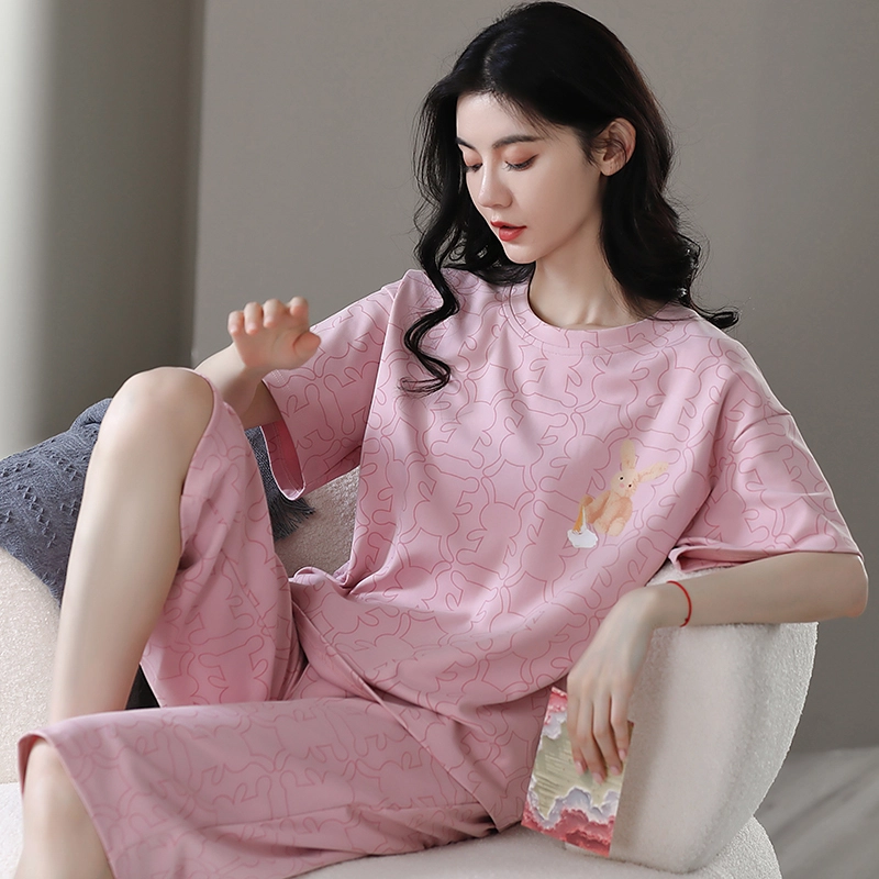 花季的故事 薄款时尚卡通兔满印韩版短袖七分裤可外穿家居服睡衣套装 女款 豆沙紫