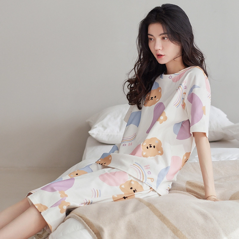 花季的故事 睡衣女夏季短袖纯棉七分裤学生印花可爱家居服套装  女款  白色