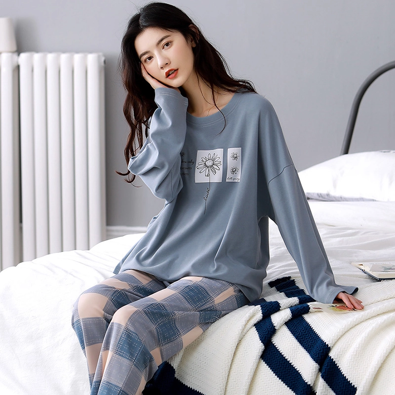 花季的故事 带胸垫女士纯棉睡衣春秋季长袖长裤家居服套装  女款  杏色