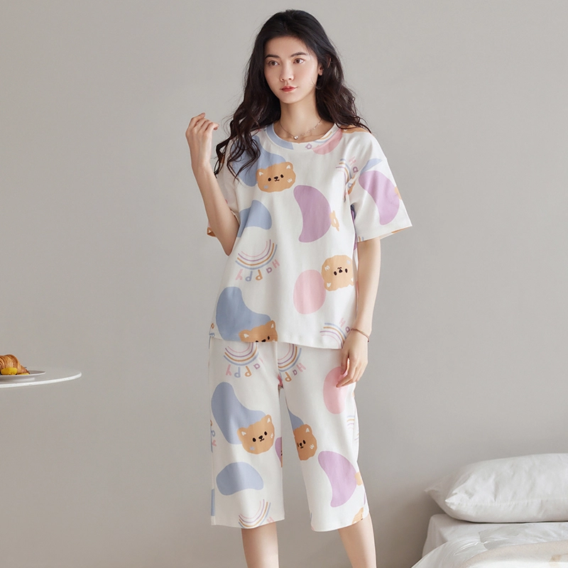 花季的故事 睡衣女夏季短袖纯棉七分裤学生印花可爱家居服套装  女款  白色