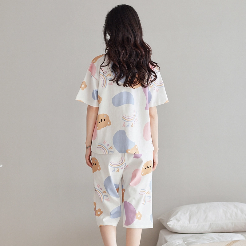 花季的故事 睡衣女夏季短袖纯棉七分裤学生印花可爱家居服套装  女款  白色