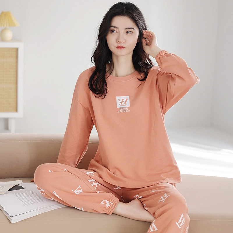 花季的故事 带胸垫女士纯棉睡衣春秋季长袖长裤家居服套装  女款  杏色