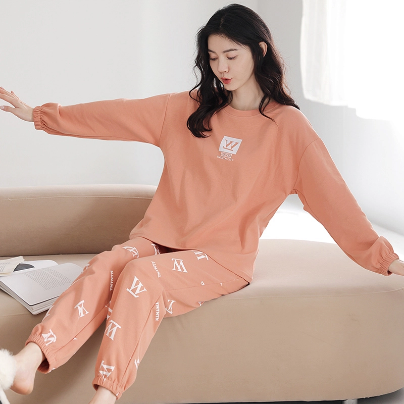 花季的故事 带胸垫女士纯棉睡衣春秋季长袖长裤家居服套装  女款  杏色