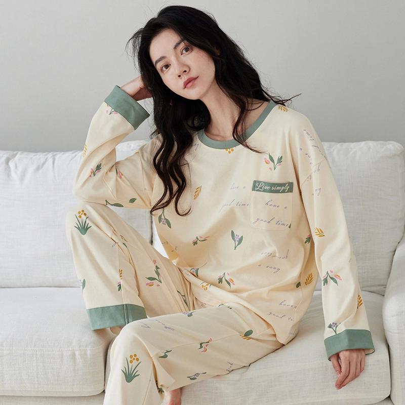 花季的故事 带胸垫女士纯棉睡衣春秋季长袖长裤家居服套装  女款  杏色