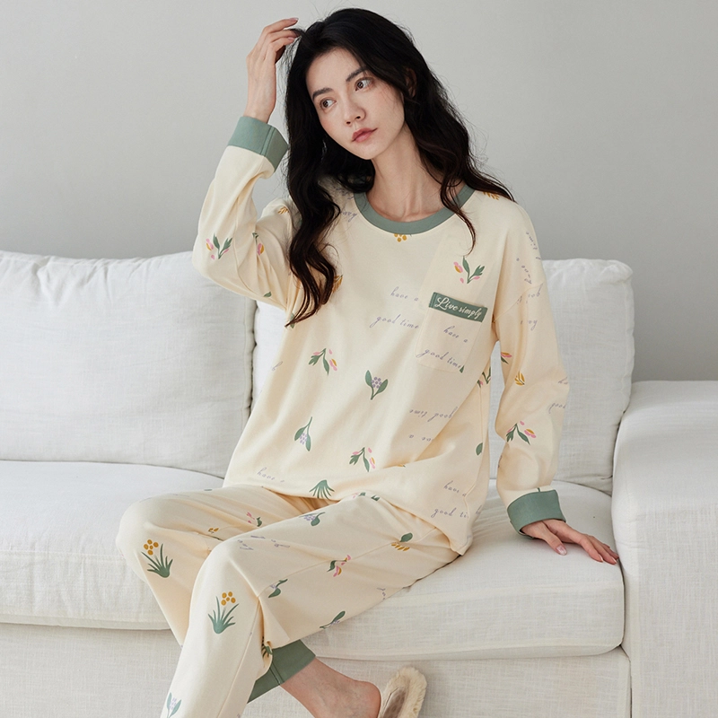 花季的故事 带胸垫女士纯棉睡衣春秋季长袖长裤家居服套装  女款  杏色