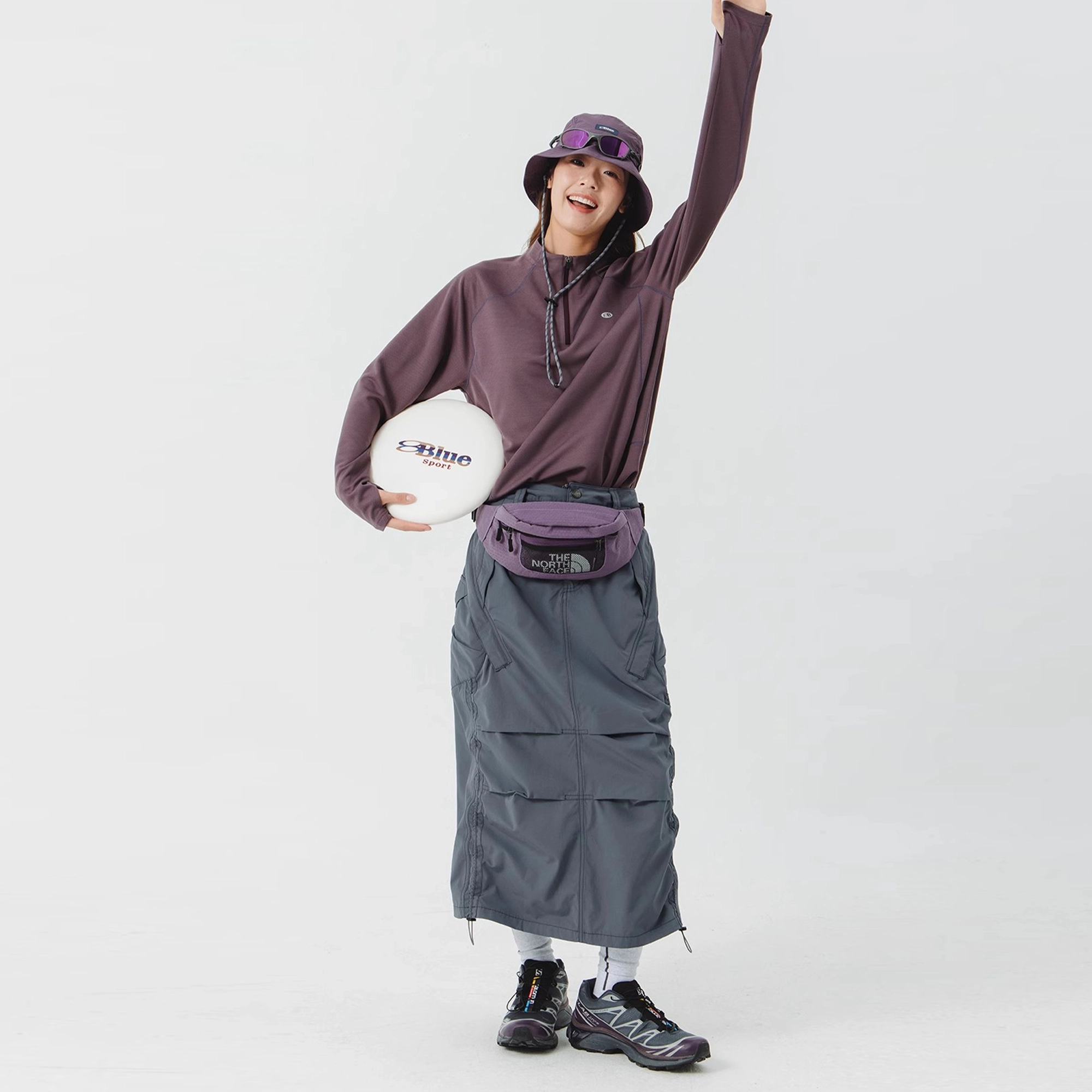 蓝岐 复古宽松鱼尾开衩半身裙褶皱口袋抽绳休闲长裙 女款