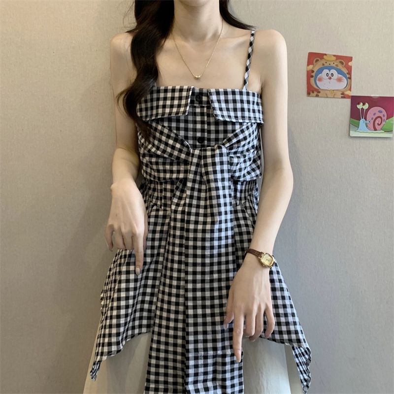 依钗 不规则系蝴蝶结格子纯欲修身背心吊带 女款