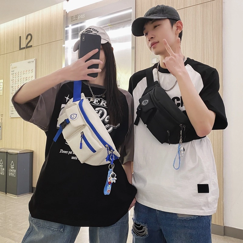 艾妮兔 潮酷防水日系休闲 尼龙 斜挎包 常规 男女同款情侣款 白红色/白蓝色/黑色