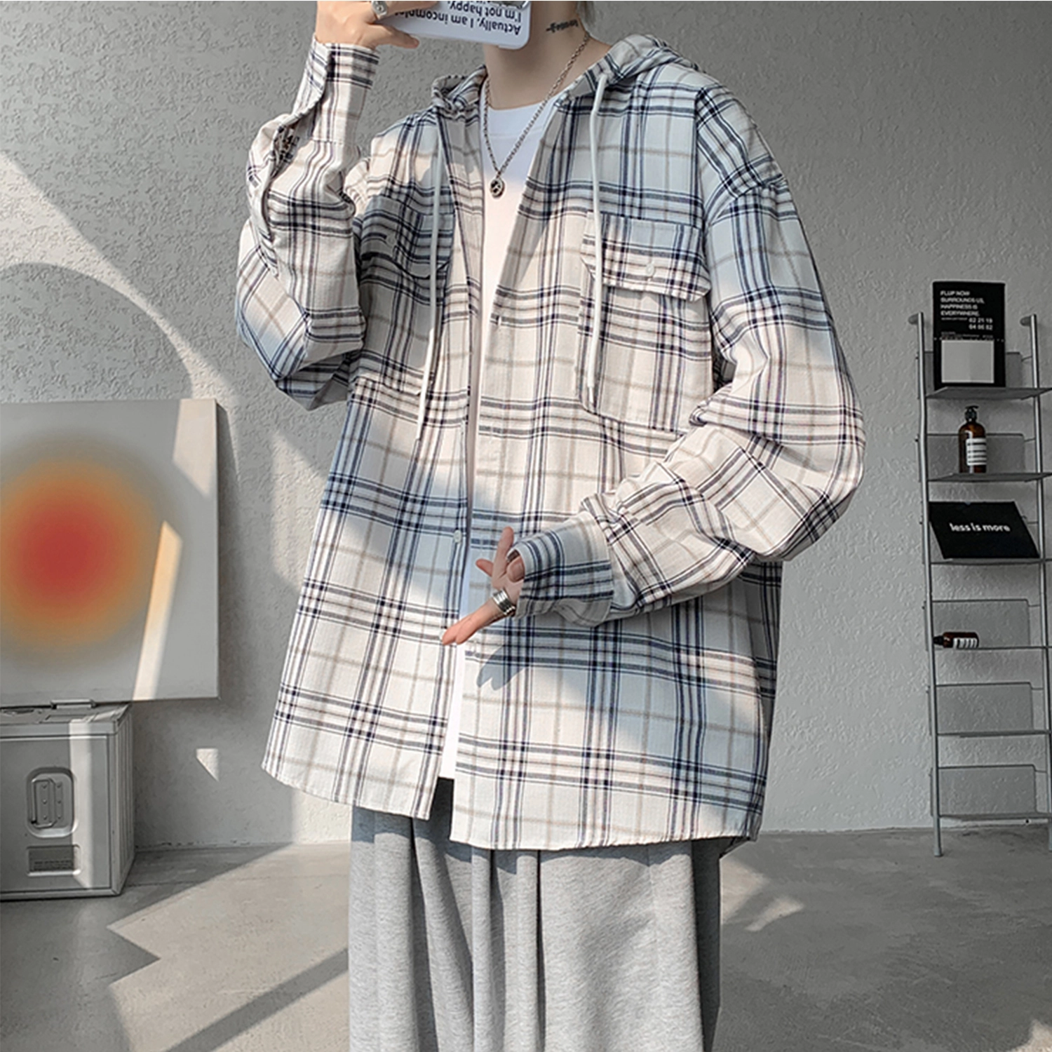 华夏儿女 美式复古格子衫袖口纽扣设计秋季薄款潮流穿搭氛围感个性高级感痞帅通用舒适透气亲肤外穿长袖衬衫 男女同款