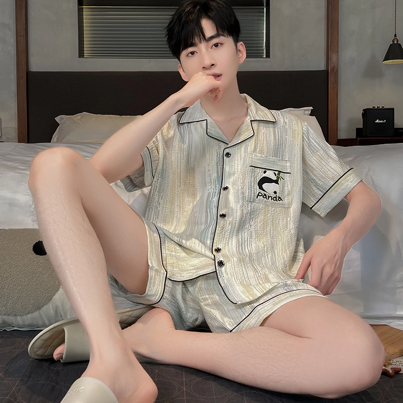 怀尔蔚 简约休闲透气亲肤翻领开衫短袖上衣舒适可外穿短裤睡衣套装 男款 杏色