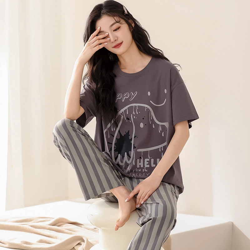 怀尔蔚 小狗印花圆领上衣条纹撞色长裤睡衣套装 女款 灰色
