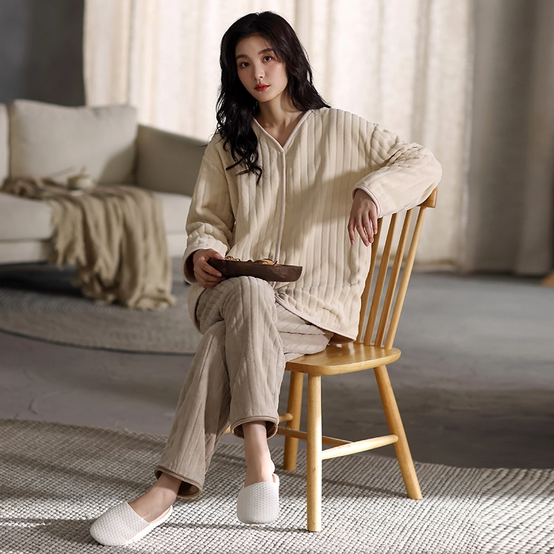 怀尔蔚 加厚纯色休闲可外穿家居服睡衣套装 女款 卡其色
