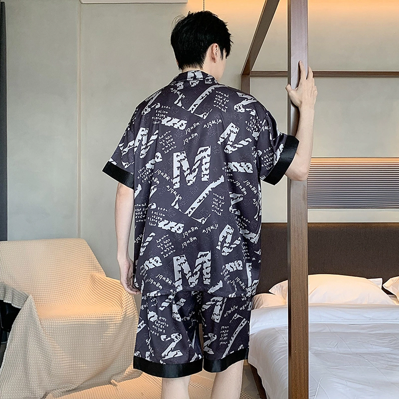 怀尔蔚 个性字母印花翻领休闲短袖舒适透气亲肤短裤睡衣套装 男款 黑色
