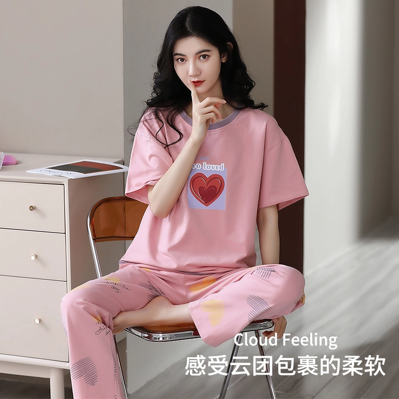 怀尔蔚 甜美舒适圆领短袖上衣可外穿家居服长裤睡衣套装 女款 图片色