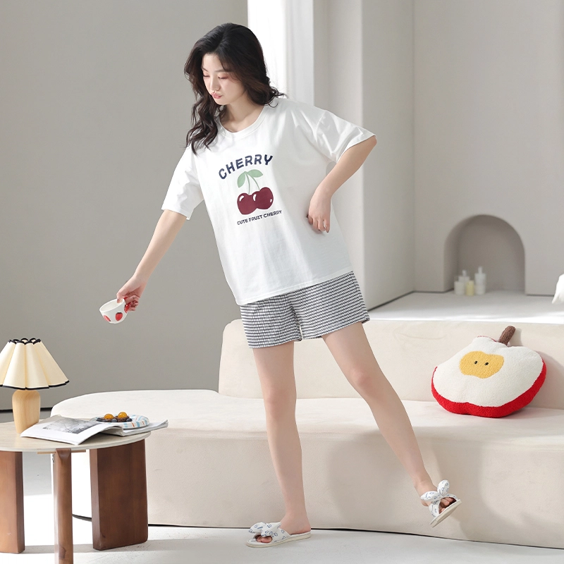 怀尔蔚 可外穿舒适短袖上衣家居服透气三分裤睡衣套装 女款 图片色