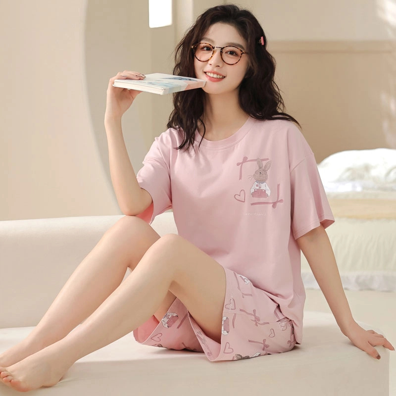 怀尔蔚 薄款可外穿舒适短袖上衣三分裤睡衣套装 女款