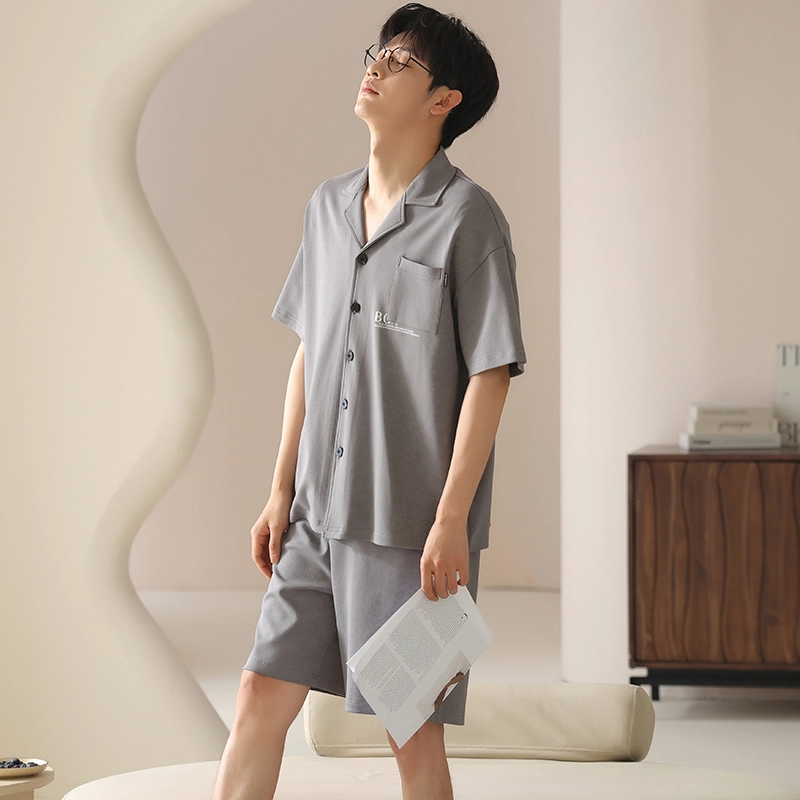 怀尔蔚 翻领纯色短袖上衣家居服可外穿舒适五分裤睡衣套装 男款 图片色