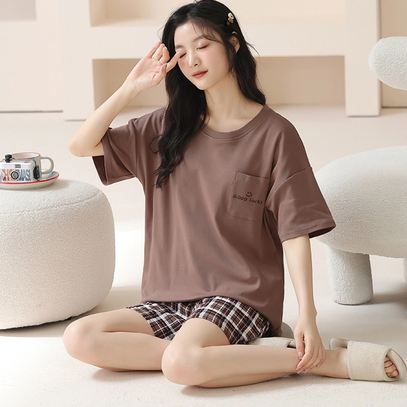 怀尔蔚 条纹休闲短袖薄款透气短裤睡衣套装 女款