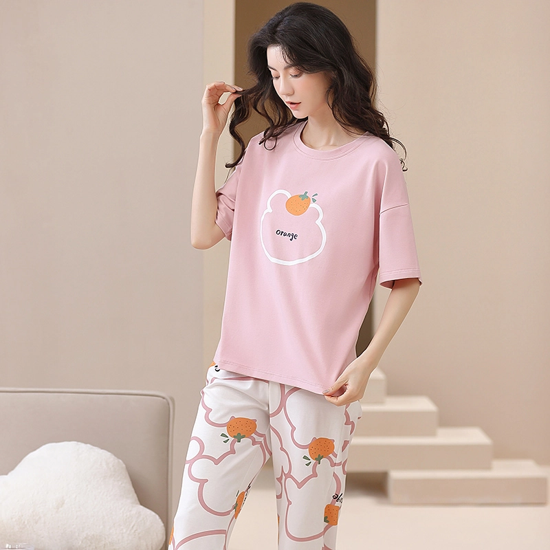 怀尔蔚 可外穿薄款舒适短袖上衣家居服七分裤睡衣套装 女款 图片色
