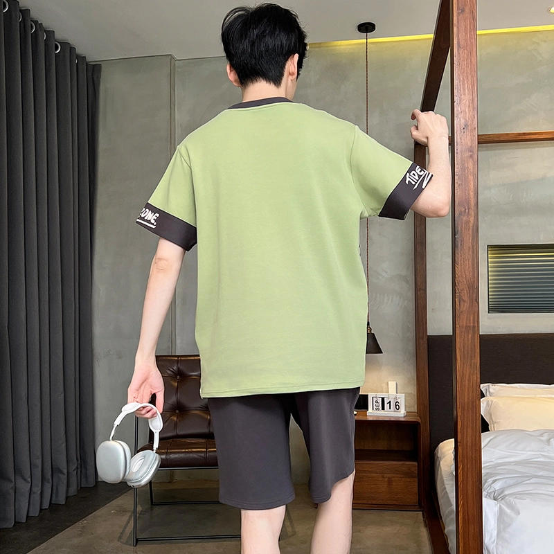怀尔蔚 可爱小恐龙印花圆领套头短袖睡衣套装 男款 绿色