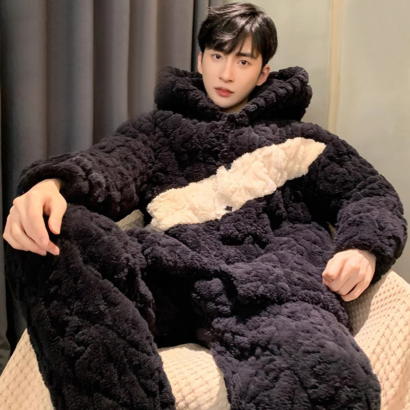 怀尔蔚 男士加厚珊瑚绒夹棉家居服可外穿保暖睡衣套装 男款 图片色