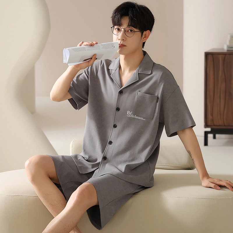 怀尔蔚 翻领纯色短袖上衣家居服可外穿舒适五分裤睡衣套装 男款 图片色