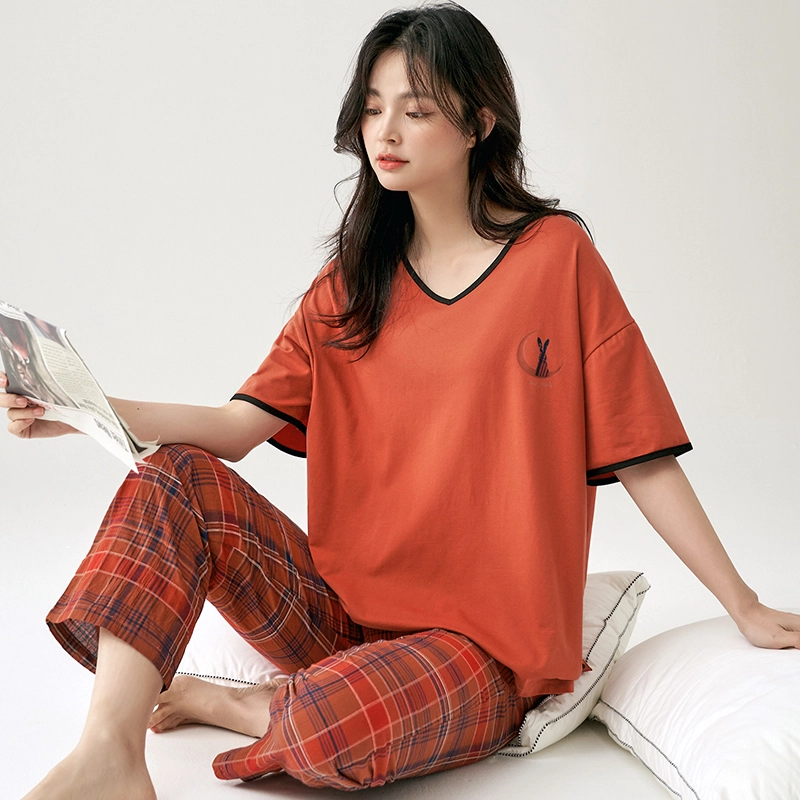 怀尔蔚 舒适透气休闲简约短袖长裤家居服睡衣套装 女款 图片色
